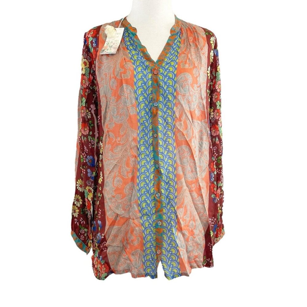 NEW Johnny Was Printed Rayon Tunic Womens Sz S Multicolor Retro Bohemian Blouse
